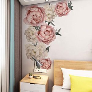 Flowers Wall Decals Floral Wall Stickers Peel and Stick Pink Peonies Wall Murals Rose Flower Wall Decor for Bedroom Girls Room Living Room Nursery