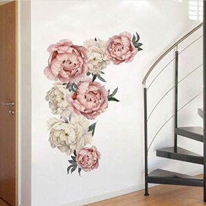 Flowers Wall Decals Floral Wall Stickers Peel and Stick Pink Peonies Wall Murals Rose Flower Wall Decor for Bedroom Girls Room Living Room Nursery