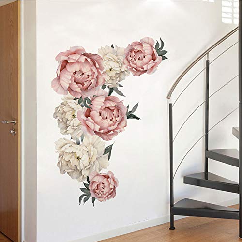 Flowers Wall Decals Floral Wall Stickers Peel and Stick Pink Peonies Wall Murals Rose Flower Wall Decor for Bedroom Girls Room Living Room Nursery