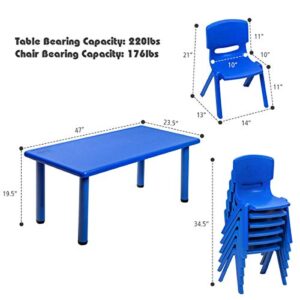 Costzon Kids Table and Chair Set, 6 Pcs Stackable Chairs, 47 x 23.5 Inch Rectangular Plastic Activity Table Set for Children Reading Drawing Playing Snack Time, Toddler School Furniture (Blue)