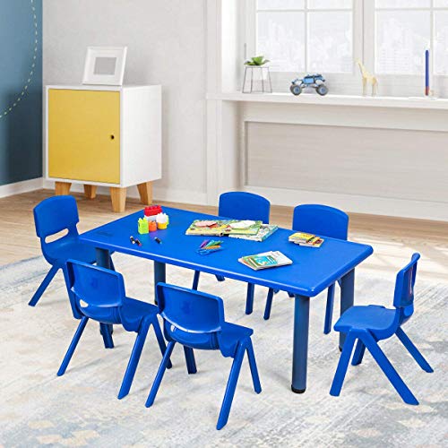 Costzon Kids Table and Chair Set, 6 Pcs Stackable Chairs, 47 x 23.5 Inch Rectangular Plastic Activity Table Set for Children Reading Drawing Playing Snack Time, Toddler School Furniture (Blue)