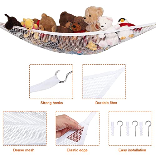 3 Pieces Stuffed Animal Hammocks Stuffed Toy Storage Hammock Nets Jumbo Wall Sling Corner Mesh Toy Organizer with Hooks for Bedroom Plush Toys (White)