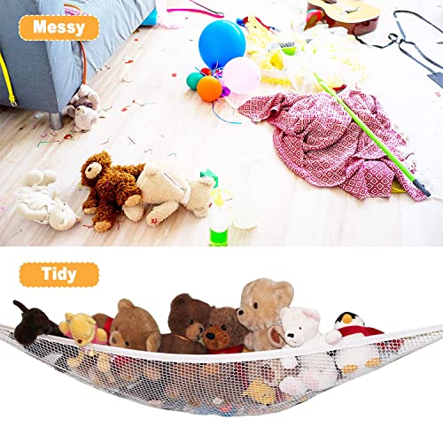 3 Pieces Stuffed Animal Hammocks Stuffed Toy Storage Hammock Nets Jumbo Wall Sling Corner Mesh Toy Organizer with Hooks for Bedroom Plush Toys (White)