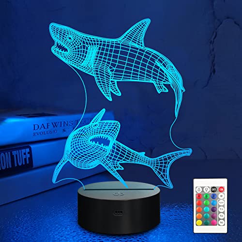 Lampeez Kids 3D Shark Night Light Optical Illusion Lamp with 16 Colors Remote Control Changing Birthday Gift Idea for Boys and Girls