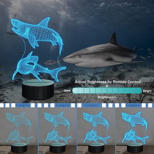 Lampeez Kids 3D Shark Night Light Optical Illusion Lamp with 16 Colors Remote Control Changing Birthday Gift Idea for Boys and Girls