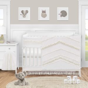 Sweet Jojo Designs Ivory Gender Neutral Boho Bohemian Girl Boy Baby Nursery Crib Bed Skirt Dust Ruffle - Solid Color Beige Cream Off White Farmhouse Chic Unisex Minimalist Tassel Fringe Macrame Cotton