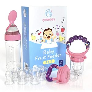 gedebey baby fruit feeder pacifier - 3 pack | 2 silicone baby feeder pacifiers & 1 baby feeding spoon | frozen fruit teether | forage feeder | food pacifier for babies | baby food spoon (pink)