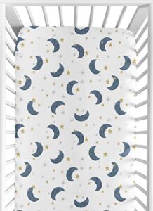 sweet jojo designs moon and star boy or girl fitted crib sheet baby or toddler bed nursery - navy blue and gold watercolor celestial sky