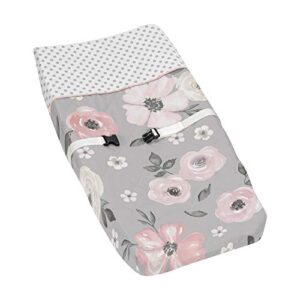 sweet jojo designs grey watercolor floral girl baby nursery changing pad cover - blush pink gray and white shabby chic rose flower polka dot farmhouse