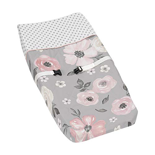 Sweet Jojo Designs Grey Watercolor Floral Girl Baby Nursery Changing Pad Cover - Blush Pink Gray and White Shabby Chic Rose Flower Polka Dot Farmhouse