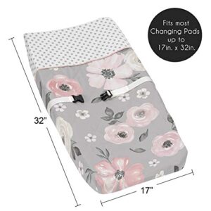 Sweet Jojo Designs Grey Watercolor Floral Girl Baby Nursery Changing Pad Cover - Blush Pink Gray and White Shabby Chic Rose Flower Polka Dot Farmhouse