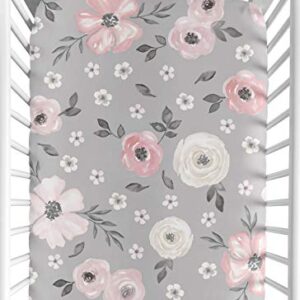 Sweet Jojo Designs Grey Watercolor Floral Girl Fitted Crib Sheet Baby or Toddler Bed Nursery - Blush Pink Gray and White Shabby Chic Rose Flower Farmhouse