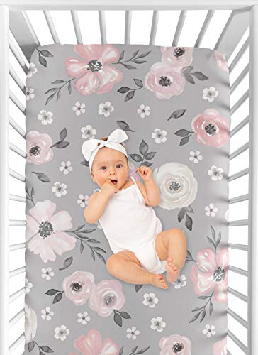 Sweet Jojo Designs Grey Watercolor Floral Girl Fitted Crib Sheet Baby or Toddler Bed Nursery - Blush Pink Gray and White Shabby Chic Rose Flower Farmhouse