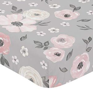 Sweet Jojo Designs Grey Watercolor Floral Girl Fitted Crib Sheet Baby or Toddler Bed Nursery - Blush Pink Gray and White Shabby Chic Rose Flower Farmhouse