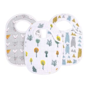 snap muslin bibs for boys & girls, 3-pack baby bibs for infants, newborns and toddlers, 100% cotton muslin absorbent & soft layers, adjustable snaps, “bear,hedgehog,tree”