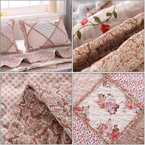 VIVILINEN Patchwork Quilt Set Full Queen Size 3-Piece Pink Floral Reversible Quilted Bedspread Coverlet Set Lightweight Stitched Comforter Bedding Set Bed Sheet Set Cover Blanket with 2 Pillow Shams