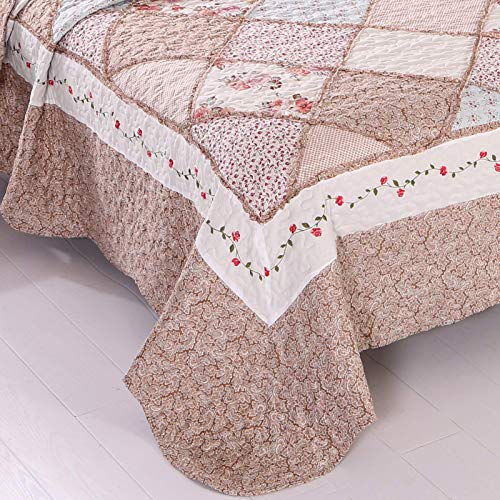 VIVILINEN Patchwork Quilt Set Full Queen Size 3-Piece Pink Floral Reversible Quilted Bedspread Coverlet Set Lightweight Stitched Comforter Bedding Set Bed Sheet Set Cover Blanket with 2 Pillow Shams