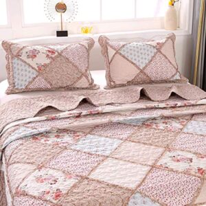 VIVILINEN Patchwork Quilt Set Full Queen Size 3-Piece Pink Floral Reversible Quilted Bedspread Coverlet Set Lightweight Stitched Comforter Bedding Set Bed Sheet Set Cover Blanket with 2 Pillow Shams