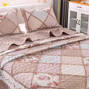 VIVILINEN Patchwork Quilt Set Full Queen Size 3-Piece Pink Floral Reversible Quilted Bedspread Coverlet Set Lightweight Stitched Comforter Bedding Set Bed Sheet Set Cover Blanket with 2 Pillow Shams