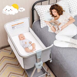 baby joy bedside bassinet, portable baby crib w/mattress, two-side breathable mesh, 7 height adjustable, large storage, wheels for easy movement, crib for newborn infant, bassinet for baby, grey