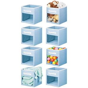 mdesign fabric nursery/playroom closet storage organizer bin box, front handle/window for cube furniture shelving units, hold toys, clothes, diapers, bibs, jane collection, 8 pack - light blue/white