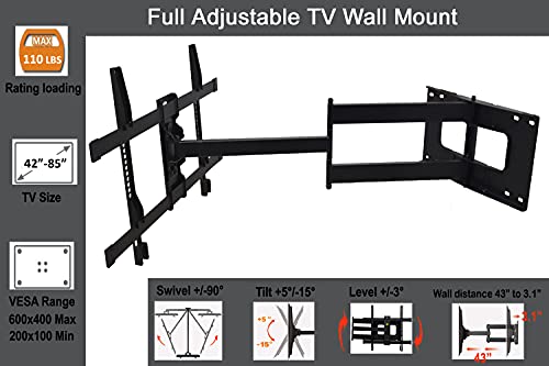 FORGING MOUNT Long Arm TV Mount Full Motion Wall Mount TV Bracket with 43 inch Extension Articulating Arm TV Wall Mount, Fits 42 to 80 Inch Flat/Curve TVs Holds up to 100 lbs,VESA 600x400mm Compatible