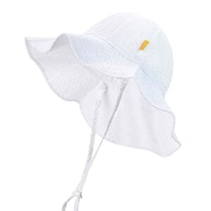 DASMINI Baby & Toddler Wide Brim Sun Hats UPF 50+ Sun Protection Bucket Cap Cute Adjustable Hat (wht Seersucker, 0-6M)