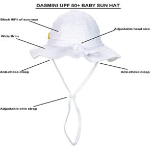 DASMINI Baby & Toddler Wide Brim Sun Hats UPF 50+ Sun Protection Bucket Cap Cute Adjustable Hat (wht Seersucker, 0-6M)