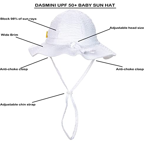 DASMINI Baby & Toddler Wide Brim Sun Hats UPF 50+ Sun Protection Bucket Cap Cute Adjustable Hat (wht Seersucker, 0-6M)