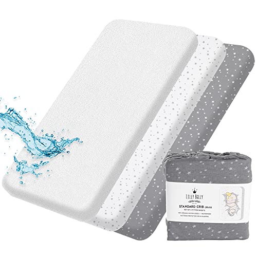 Lilly B. Pack of 3 Crib Sheets - 100% GOTS Organic Cotton - 2 Fitted Crib Sheets Neutral with 1 Waterproof Mattress Protector for Baby Boys and Girls, fits All Shapes up to (52Lx 28Wx 6H) Inch