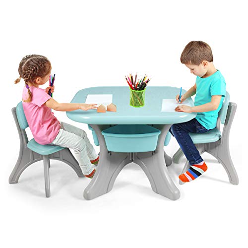 HONEY JOY Kids Table and Chair Set, Plastic Children Activity Table and 2 Chair Set w/Storage Bins, 3 Piece Child Furniture Set for Daycare Playroom, Toddler Table and Chair Set for Boys Girls(Green)