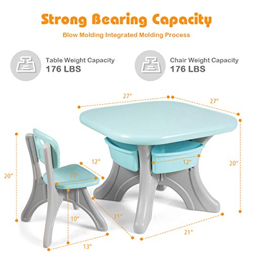 HONEY JOY Kids Table and Chair Set, Plastic Children Activity Table and 2 Chair Set w/Storage Bins, 3 Piece Child Furniture Set for Daycare Playroom, Toddler Table and Chair Set for Boys Girls(Green)