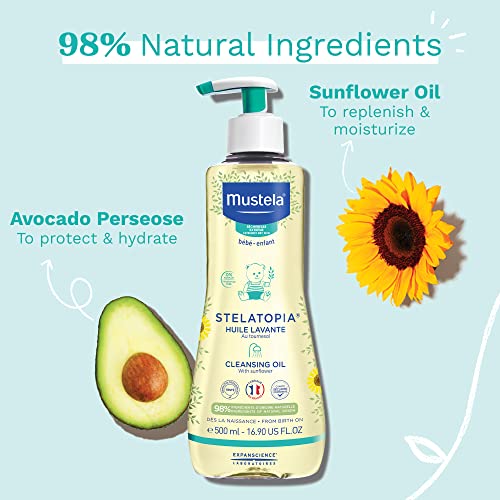 Mustela Stelatopia Eczema-Prone Skin Cleansing Oil - Baby Body Wash with Natural Avocado & Sunflower Oil - Fragrance-Free & Tear Free - 16.9 fl. oz.