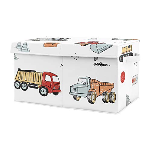 Sweet Jojo Designs Construction Truck Boy Small Fabric Toy Bin Storage Box Chest For Baby Nursery or Kids Room - Grey Yellow Orange Red and Blue Transportation