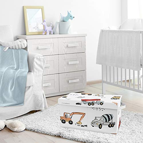 Sweet Jojo Designs Construction Truck Boy Small Fabric Toy Bin Storage Box Chest For Baby Nursery or Kids Room - Grey Yellow Orange Red and Blue Transportation