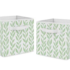 Sweet Jojo Designs Green and White Floral Leaf Foldable Fabric Storage Cube Bins Boxes Organizer Toys Kids Baby Childrens - Set of 2 - for The Boho Farmhouse Sunflower Collection