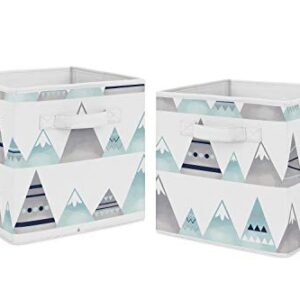 Sweet Jojo Designs Watercolor Mountains Foldable Fabric Storage Cube Bins Boxes Organizer Toys Kids Baby Childrens - Set of 2 - Navy Blue, Aqua and Grey Aztec