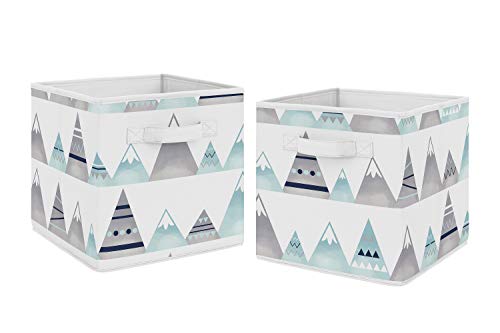 Sweet Jojo Designs Watercolor Mountains Foldable Fabric Storage Cube Bins Boxes Organizer Toys Kids Baby Childrens - Set of 2 - Navy Blue, Aqua and Grey Aztec