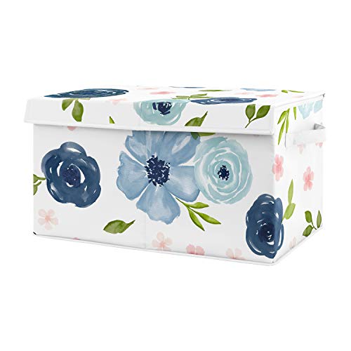 Sweet Jojo Designs Navy Blue Watercolor Floral Girl Small Fabric Toy Bin Storage Box Chest For Baby Nursery or Kids Room - Blush Pink, Green and White Shabby Chic Rose Flower