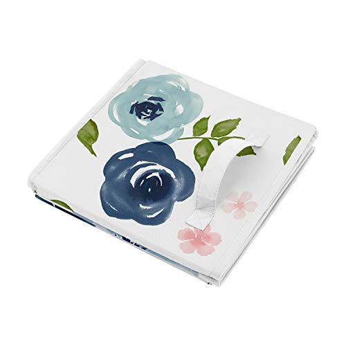 Sweet Jojo Designs Navy Blue Watercolor Floral Girl Small Fabric Toy Bin Storage Box Chest For Baby Nursery or Kids Room - Blush Pink, Green and White Shabby Chic Rose Flower