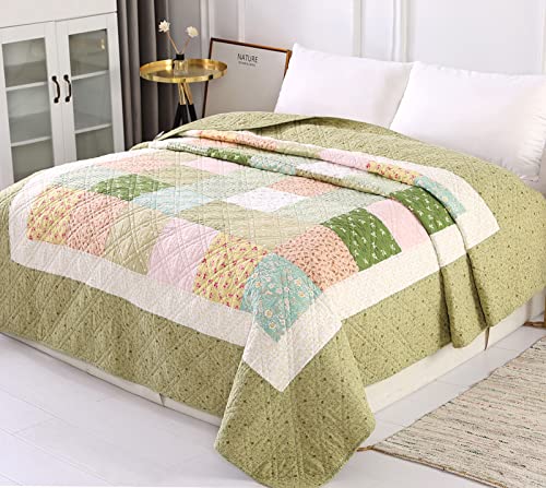 KINBEDY 100% Cotton Quilts Twin Size Green Floral Patchwork Bed Quilt Reversible Quilted Blankets Coverlets Bed Throws for Couch Sofa, 60"x80"