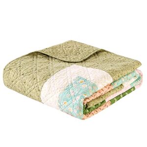 KINBEDY 100% Cotton Quilts Twin Size Green Floral Patchwork Bed Quilt Reversible Quilted Blankets Coverlets Bed Throws for Couch Sofa, 60"x80"