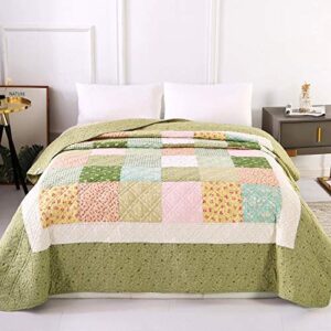 KINBEDY 100% Cotton Quilts Twin Size Green Floral Patchwork Bed Quilt Reversible Quilted Blankets Coverlets Bed Throws for Couch Sofa, 60"x80"