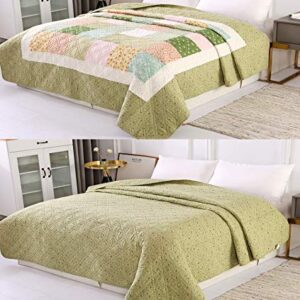 KINBEDY 100% Cotton Quilts Twin Size Green Floral Patchwork Bed Quilt Reversible Quilted Blankets Coverlets Bed Throws for Couch Sofa, 60"x80"