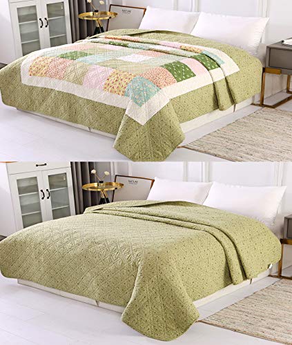 KINBEDY 100% Cotton Quilts Twin Size Green Floral Patchwork Bed Quilt Reversible Quilted Blankets Coverlets Bed Throws for Couch Sofa, 60"x80"