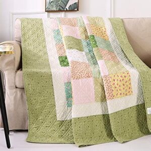 KINBEDY 100% Cotton Quilts Twin Size Green Floral Patchwork Bed Quilt Reversible Quilted Blankets Coverlets Bed Throws for Couch Sofa, 60"x80"