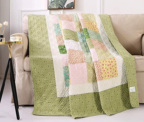 KINBEDY 100% Cotton Quilts Twin Size Green Floral Patchwork Bed Quilt Reversible Quilted Blankets Coverlets Bed Throws for Couch Sofa, 60"x80"