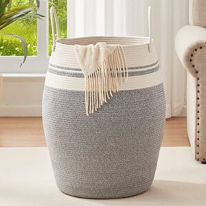 oiahomy laundry hamper woven cotton rope large clothes hamper 25.6" height modern curve basket with extended cotton handles for storage clothes toys in bedroom, bathroom, foldable (white & light grey)