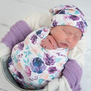 Terriboo Newborn Floral Print Blanket Baby Stretch Wrap Swaddle Blanket Receiving Blanket with Matching Headband and Beanie