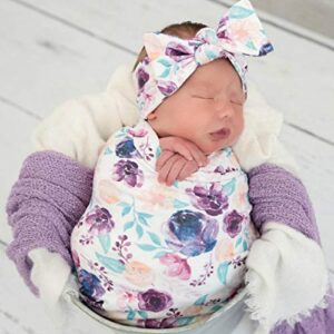 Terriboo Newborn Floral Print Blanket Baby Stretch Wrap Swaddle Blanket Receiving Blanket with Matching Headband and Beanie